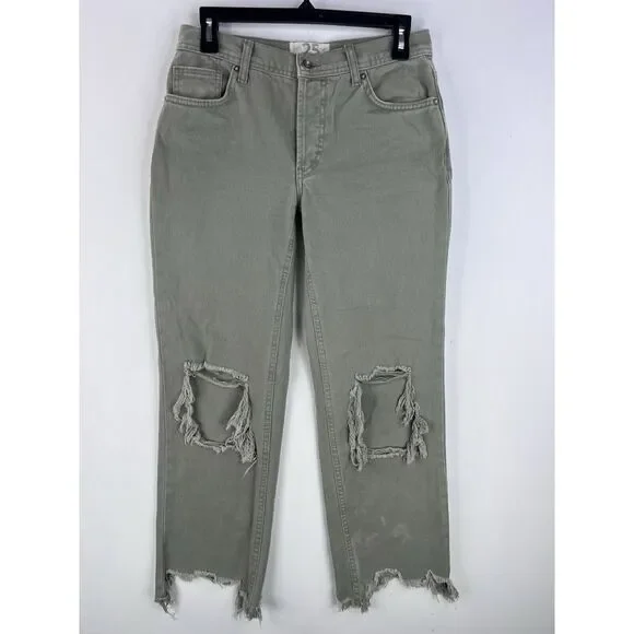 We The Free Jeans Womens 25 Green Denim Mid Rise Pockets Raw Hem Fringes - Picture 2 of 16